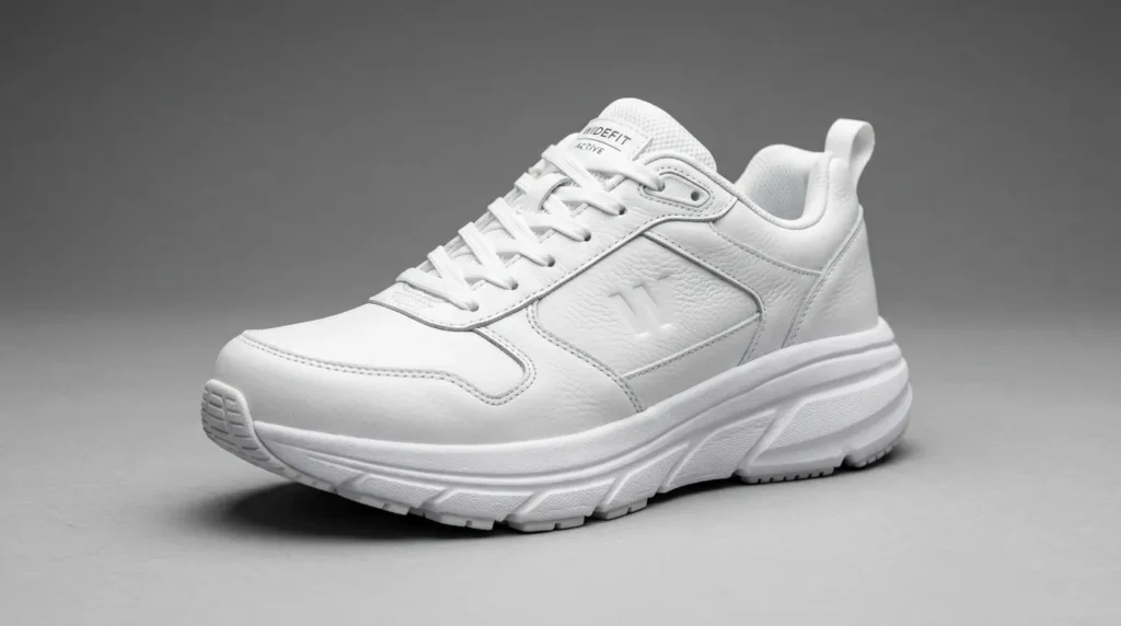 White leather nursing sneaker with wide toe box designed for nurses with broad feet