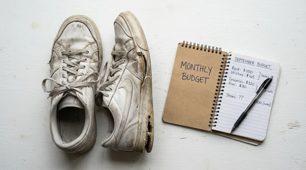 Worn-out cheap nursing shoes with separated sole next to a tight nursing budget notebook