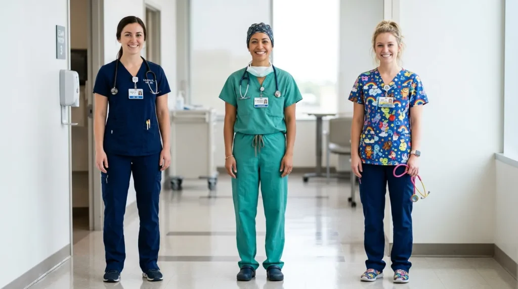 Side-by-side comparison of medical professionals in specialty-specific scrubs — an ER nurse, a surgeon, and a pediatric nurse — highlighting how scrub needs differ by department