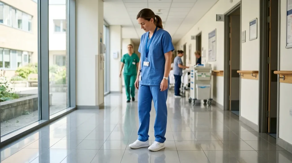 Nurse wearing comfortable affordable white nursing shoes standing on hospital corridor floor