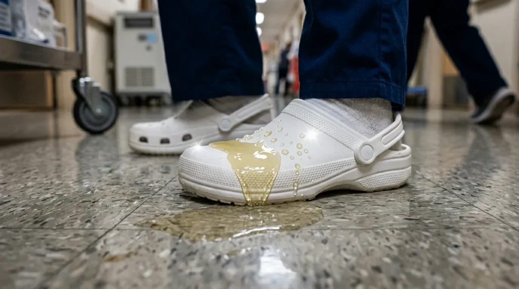 Water beading off the surface of a waterproof nursing shoe on a hospital floor