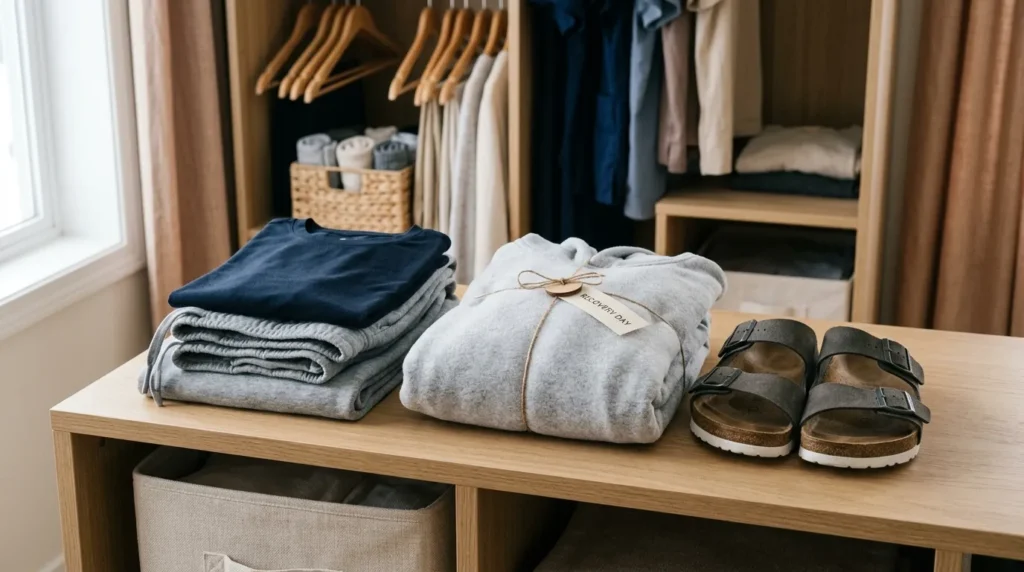 A nurse's pre-arranged recovery day uniform laid out neatly — joggers, t-shirt, hoodie, and sandals — ready for use after a shift