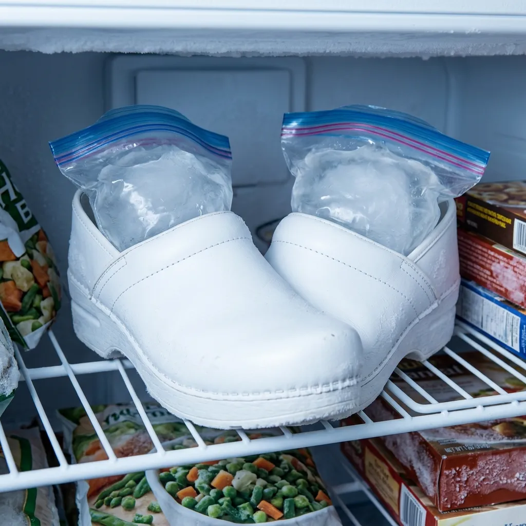 Water-filled freezer bags inserted inside nursing shoes placed in a freezer to stretch the toe box overnight