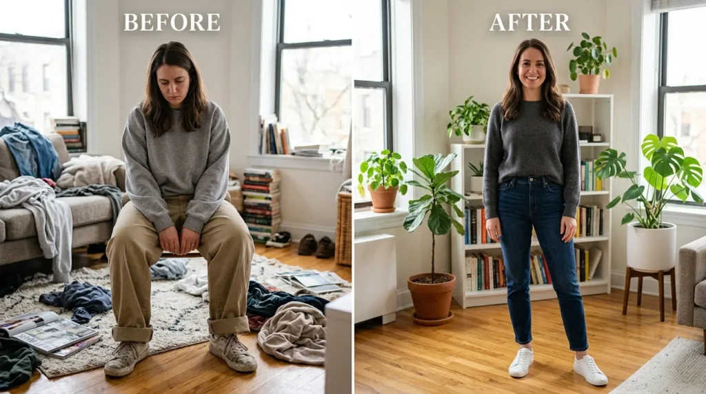 Before-and-after comparison showing a nurse in an overly shapeless outfit versus a well-fitted, comfortable off-duty look