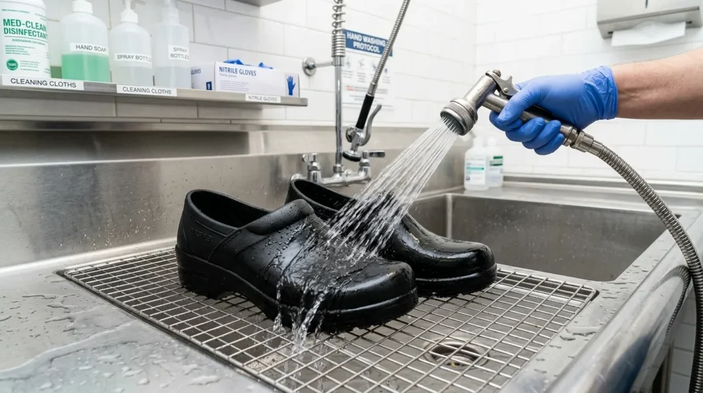 Black waterproof nursing clogs being rinsed under water in a sink showing easy-clean surface