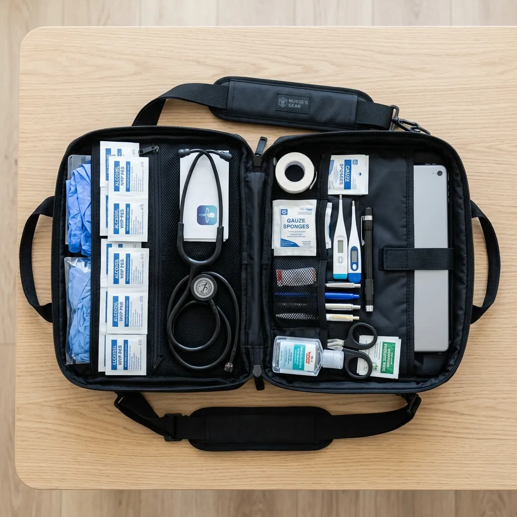organized professional home health nursing bag open showing compartments with medical supplies and documentation tools