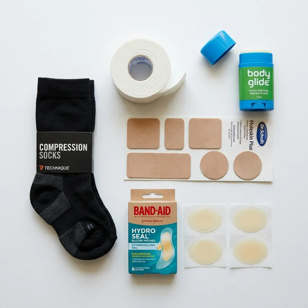 Flat lay of blister prevention products including moleskin, anti-friction stick, and hydrocolloid patches for nurses breaking in new shoes