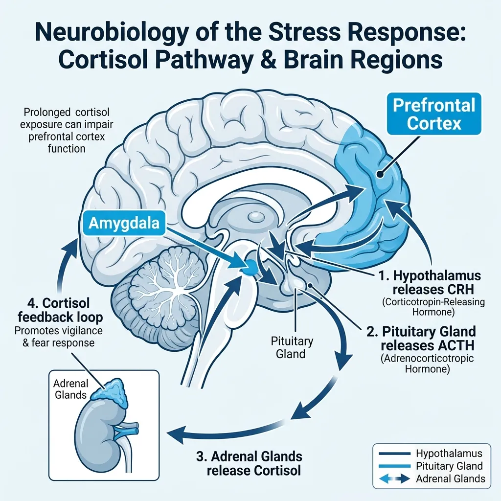 Medical diagram showing how chronic stress affects the brain's amygdala, hippocampus, and prefrontal cortex in nurses