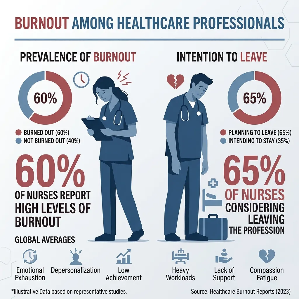 Infographic showing nurse burnout statistics including percentage of nurses experiencing exhaustion and career regret
