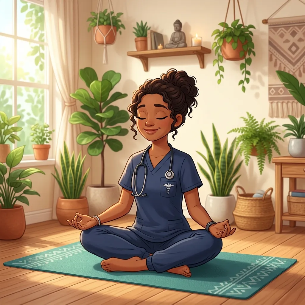 Nurse in scrubs practicing mindfulness meditation in a peaceful sunlit room