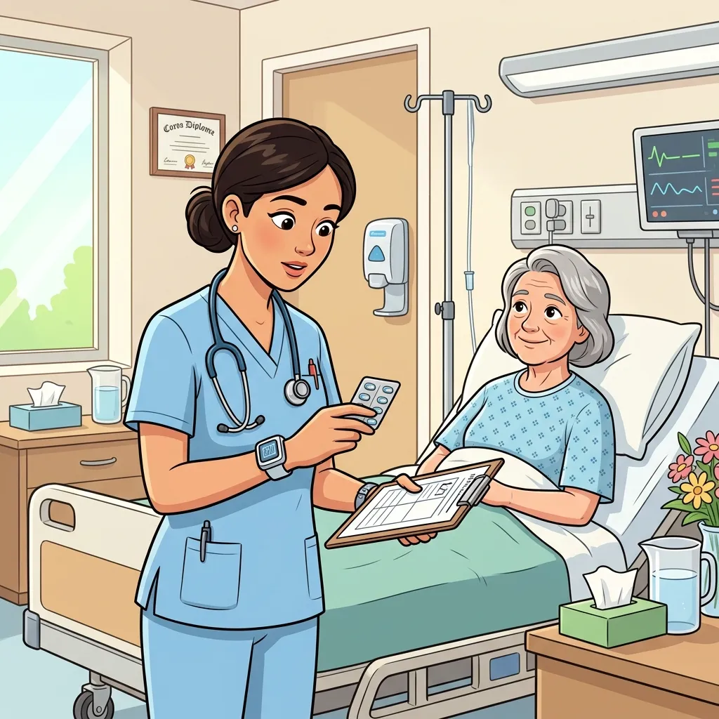 Attentive nurse checking patient medication — illustrating how nurse self-care improves patient safety