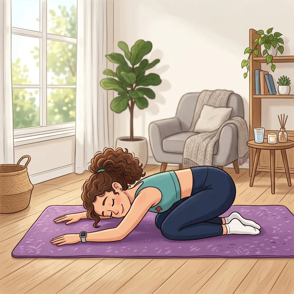 Nurse practicing restorative yoga child's pose to relieve stress after a shift