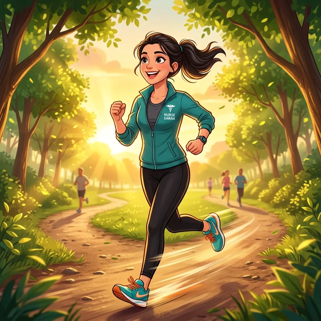 Nurse jogging outdoors at sunrise as part of a stress-reduction exercise routine