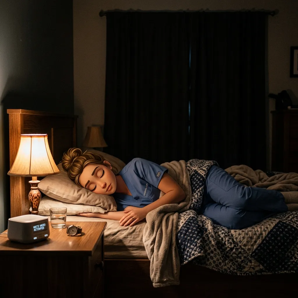 Nurse sleeping during the day with blackout curtains as part of a healthy sleep hygiene routine