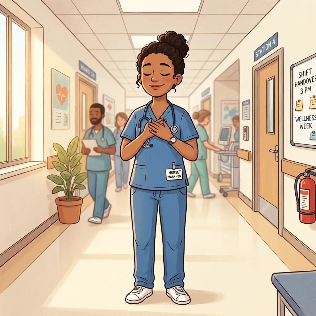 Nurse practicing mindful breathing during a shift to manage workplace stress