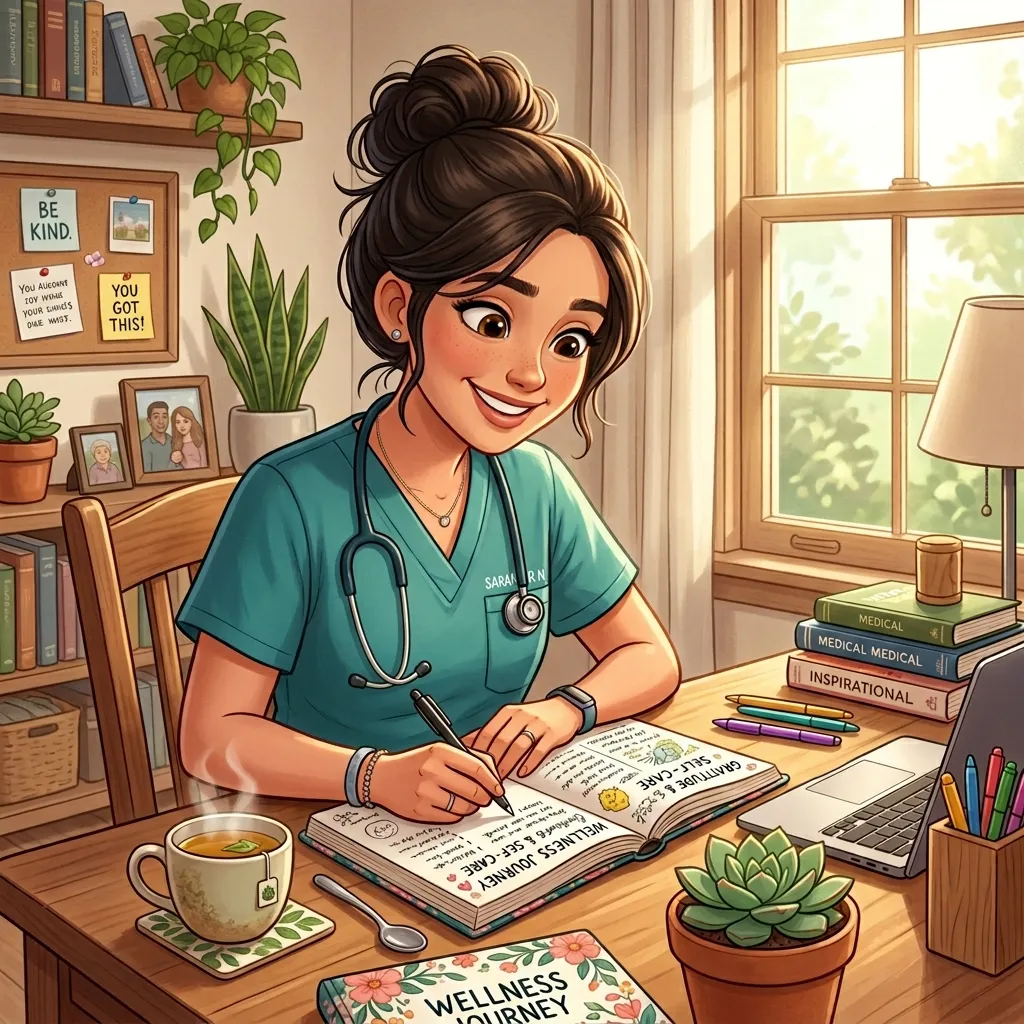 Nurse writing a personalized stress management plan in a wellness journal with herbal tea and indoor plant