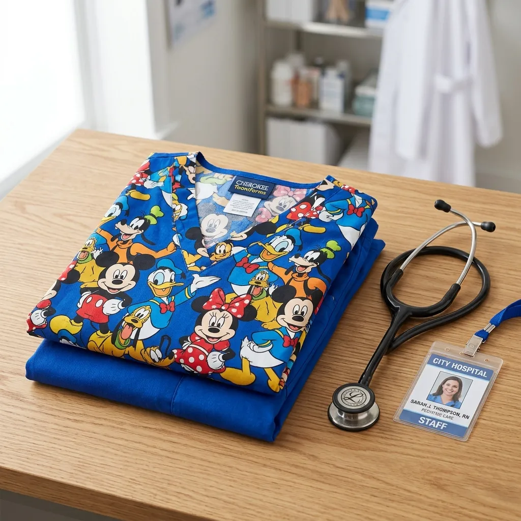 Cherokee Tooniforms scrubs with Disney character print displayed with a nurse badge and stethoscope