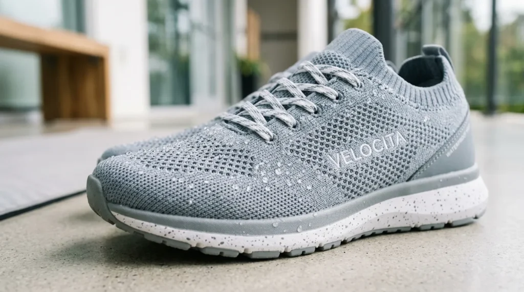 Close-up of a breathable waterproof knit nursing sneaker showing water resistance on the knit surface