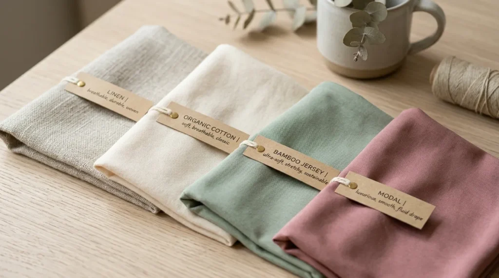Close-up of breathable fabric swatches including bamboo, organic cotton, linen, and modal, ideal for nurse recovery clothing