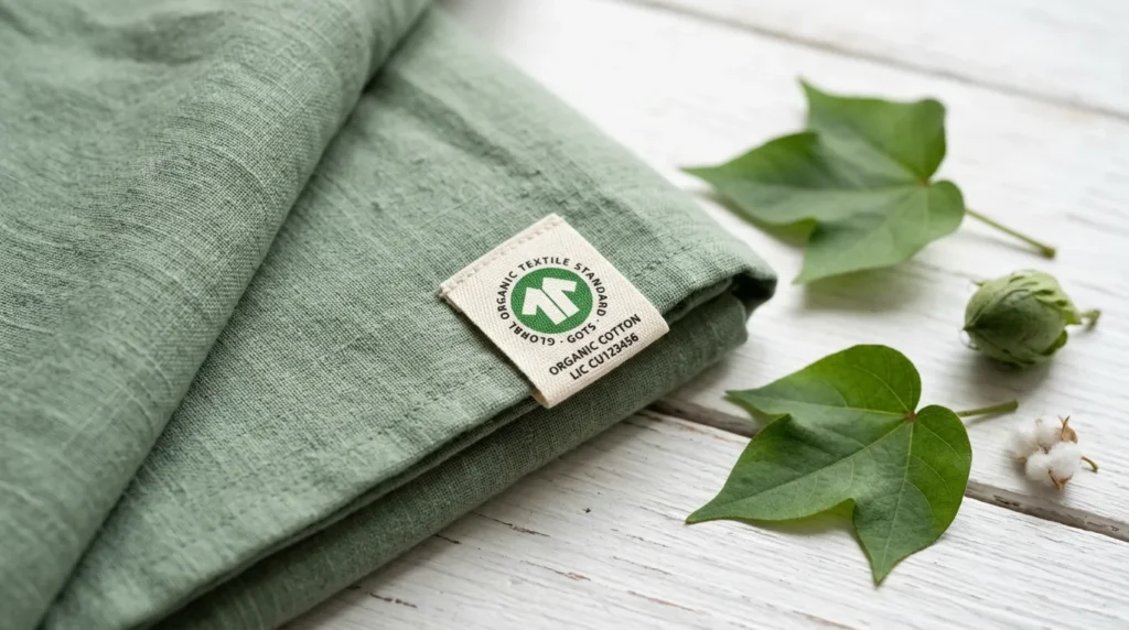Close-up of organic cotton fabric texture with GOTS certification label and green leaves