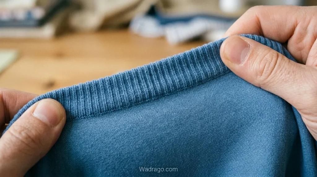 Close-up of stretchy scrub fabric being pulled to demonstrate four-way stretch