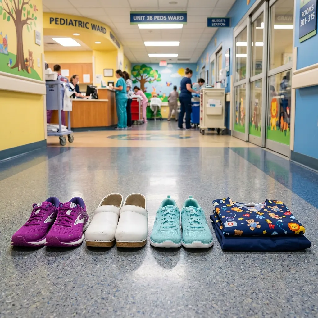 Three pairs of colorful non-slip nursing shoes recommended for pediatric ward use