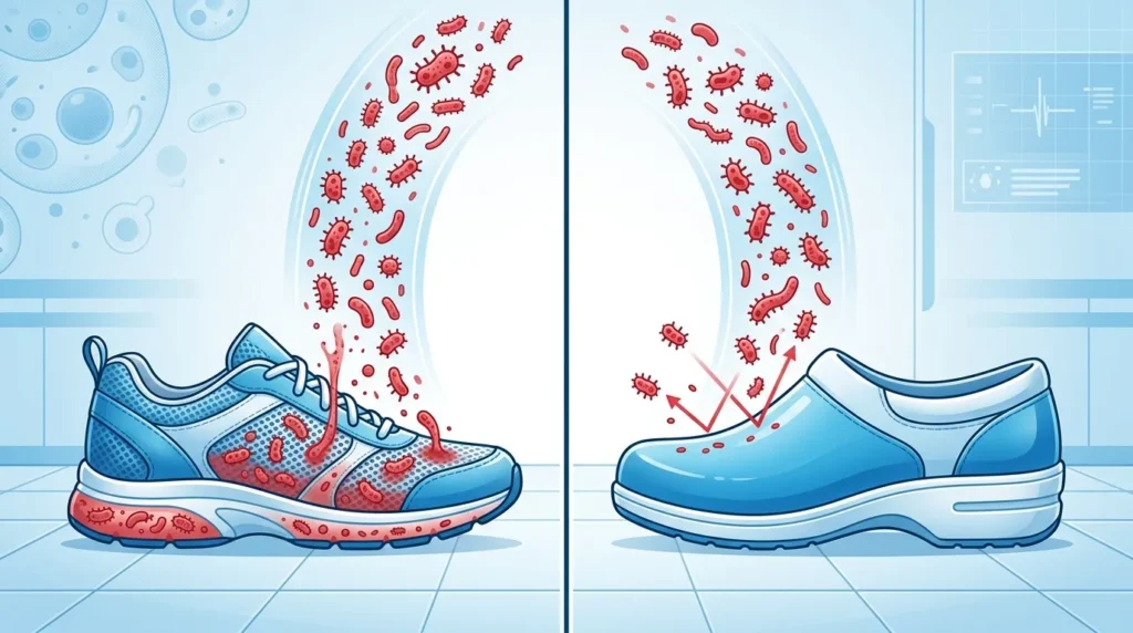 Comparison illustration showing how waterproof nursing shoes block bacteria while mesh shoes absorb it