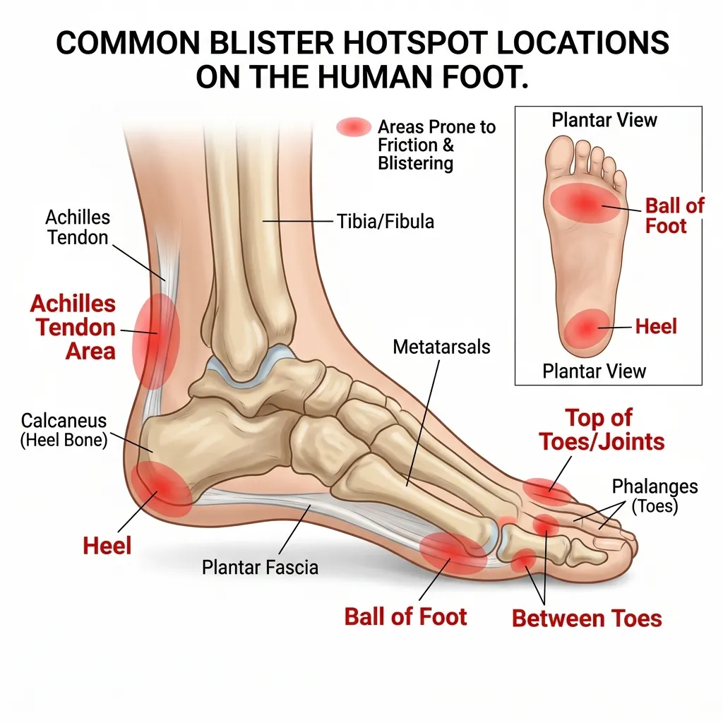 Illustrated diagram of a foot showing the most common blister locations in new nursing shoes including the heel, ball of foot, and toes