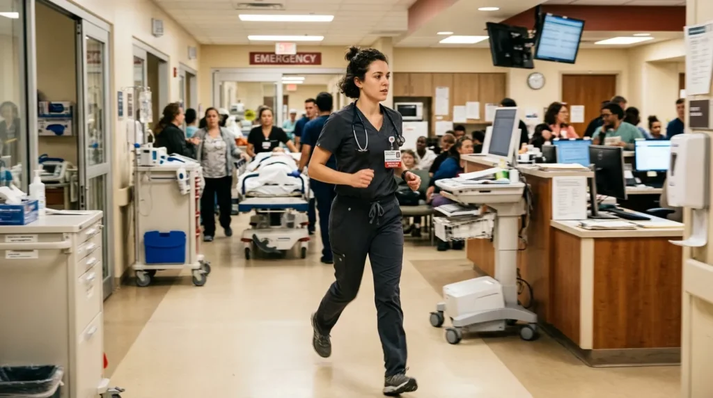ER nurse in performance scrubs moving quickly through emergency department