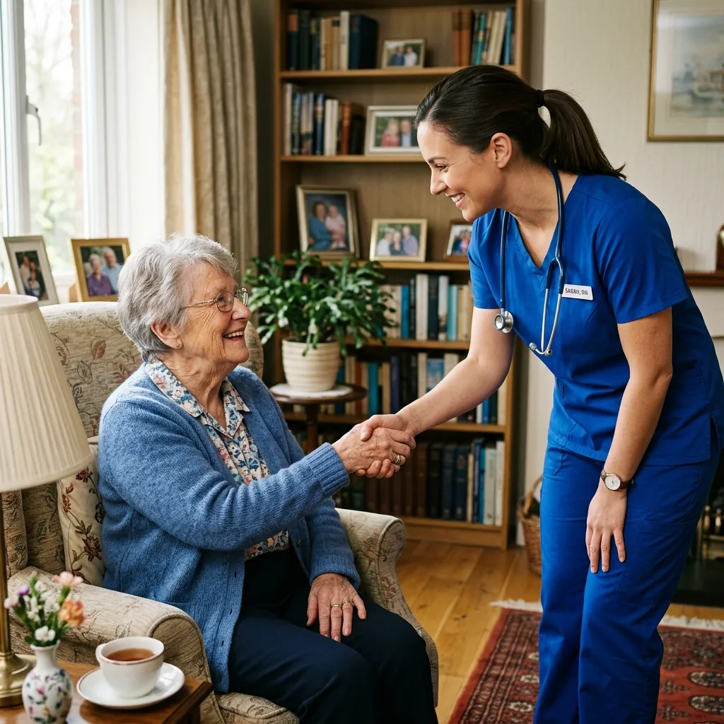 elderly patient building trust with a professionally dressed home health nurse during a home visit