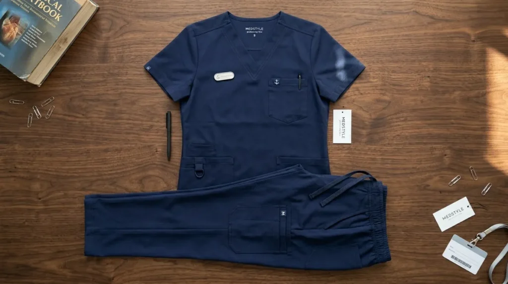 FIGS-style premium navy scrubs flat lay showing tailored fit and pockets