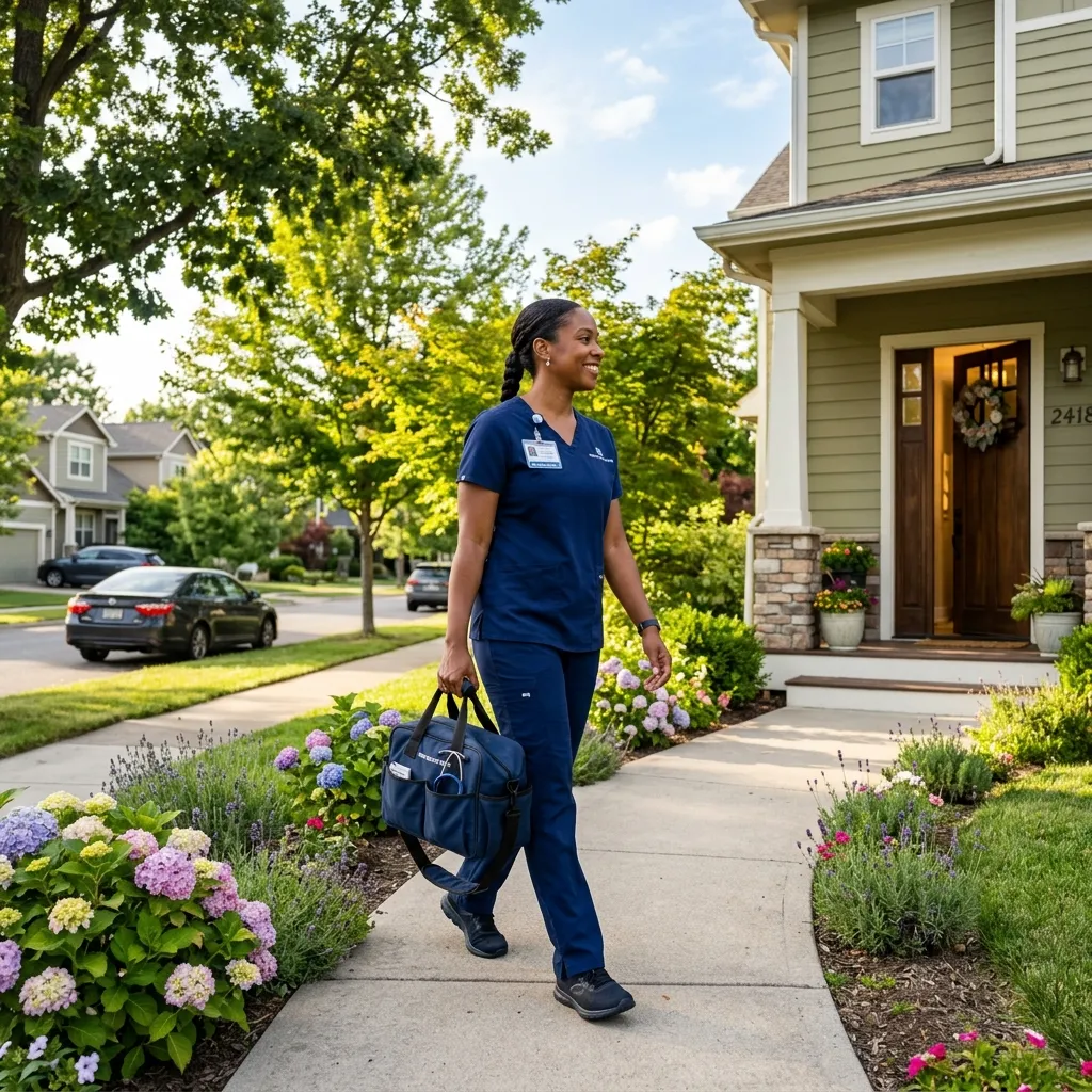 professional home health nurse in navy scrubs approaching a patient's front door for a community nursing visit