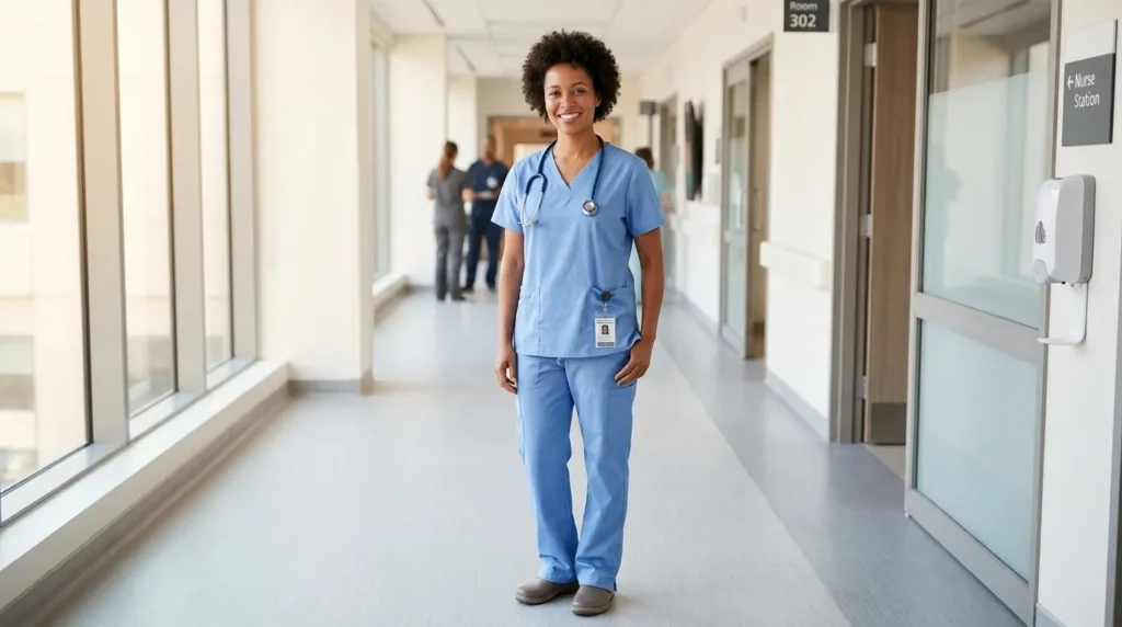 A professional nurse in scrubs standing confidently in a hospital hallway, looking healthy and energized