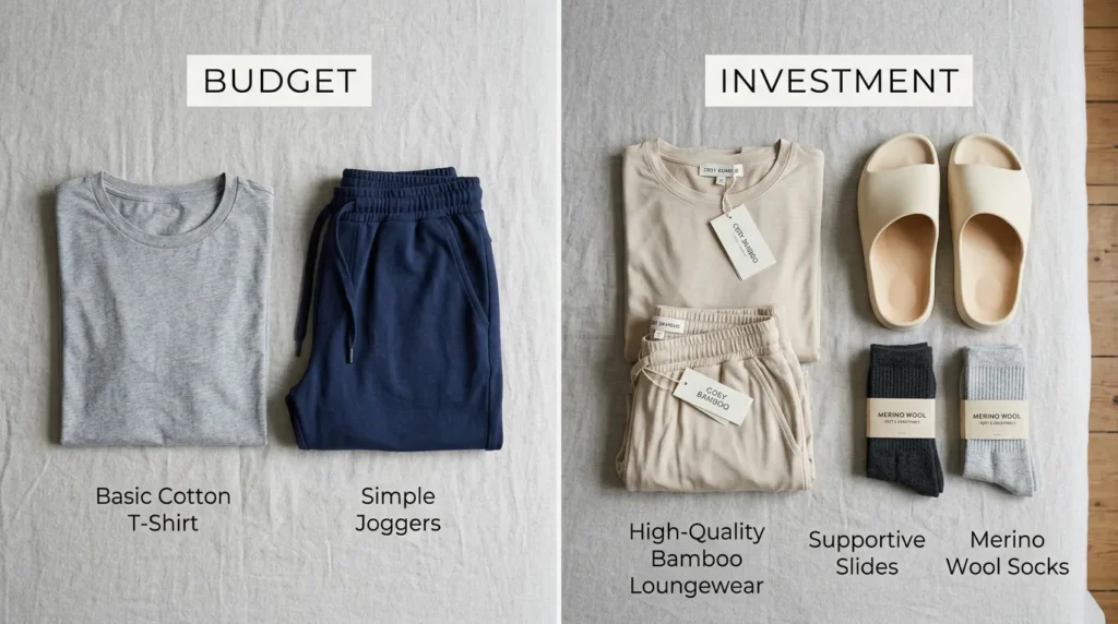 Flat-lay comparison of budget-friendly and investment-worthy nurse off-duty clothing pieces, showing cost vs. comfort value