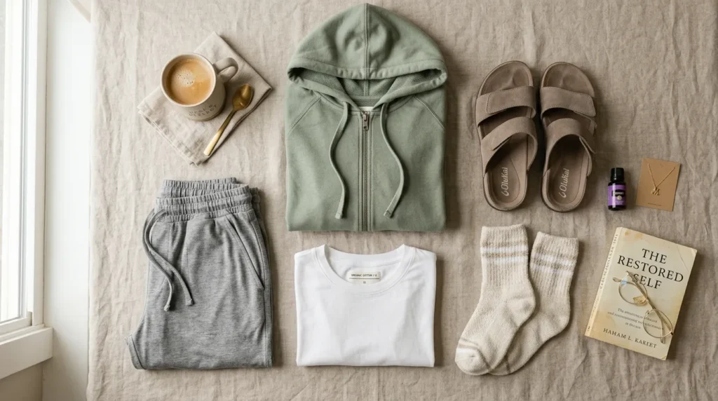 Flat-lay of nurse off-duty recovery essentials including bamboo joggers, cotton t-shirt, cozy socks, and supportive sandals