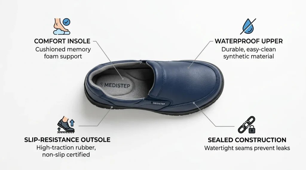 Flat-lay of waterproof nursing shoe highlighting key features including slip resistance, sealed construction, and comfort support
