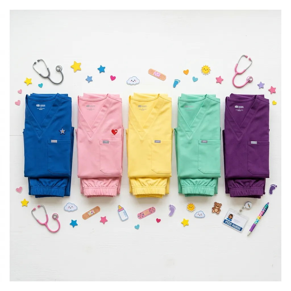 Flat lay of pediatric nursing scrubs in recommended colors: blue, pink, yellow, green, and purple