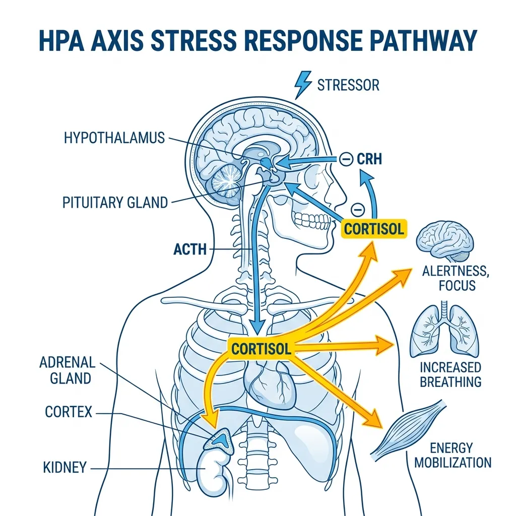 Diagram illustrating the HPA axis and cortisol stress response pathway in the human body