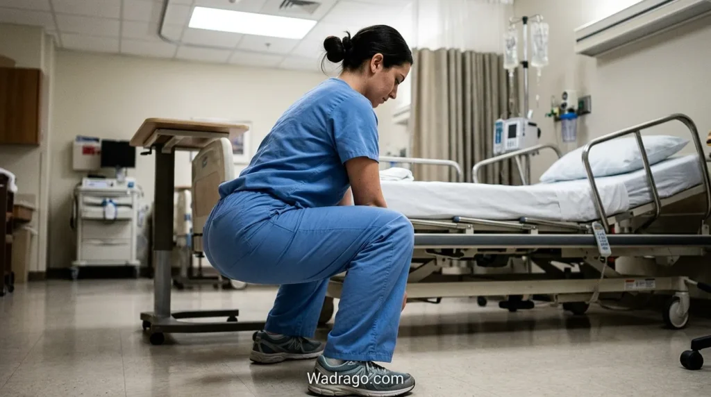 Healthcare worker squatting in scrubs showing full range of motion