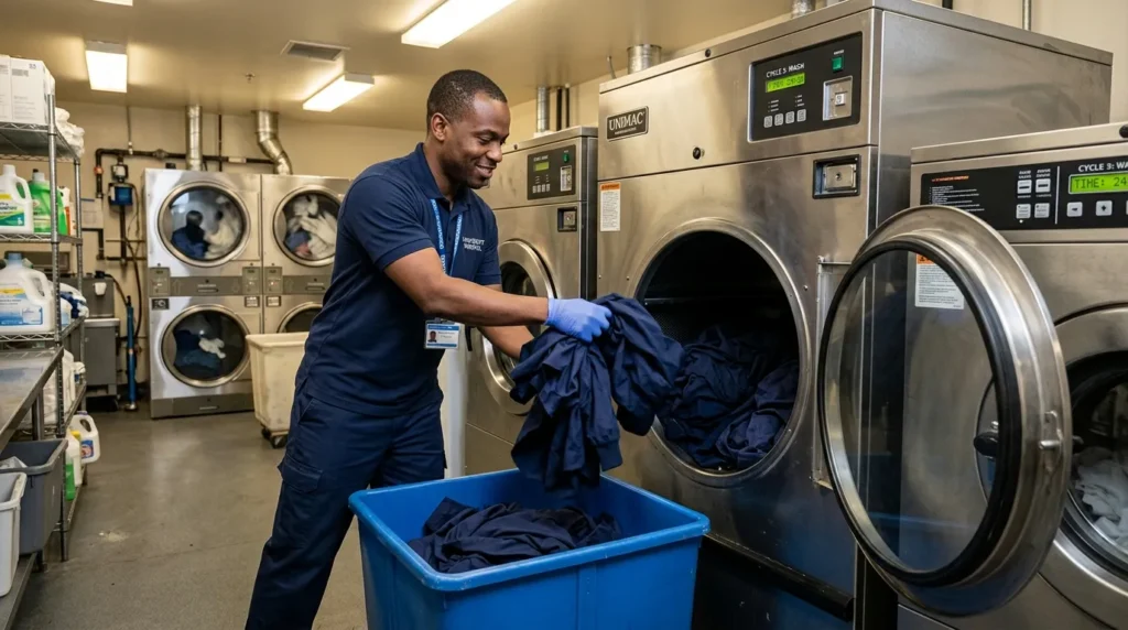 Healthcare worker washing eco-friendly scrubs in hospital-grade laundry at high temperature