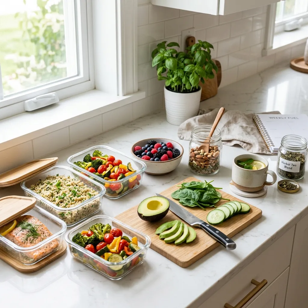 Healthy anti-stress meal prep including salmon, quinoa, vegetables, nuts, and berries for nurses