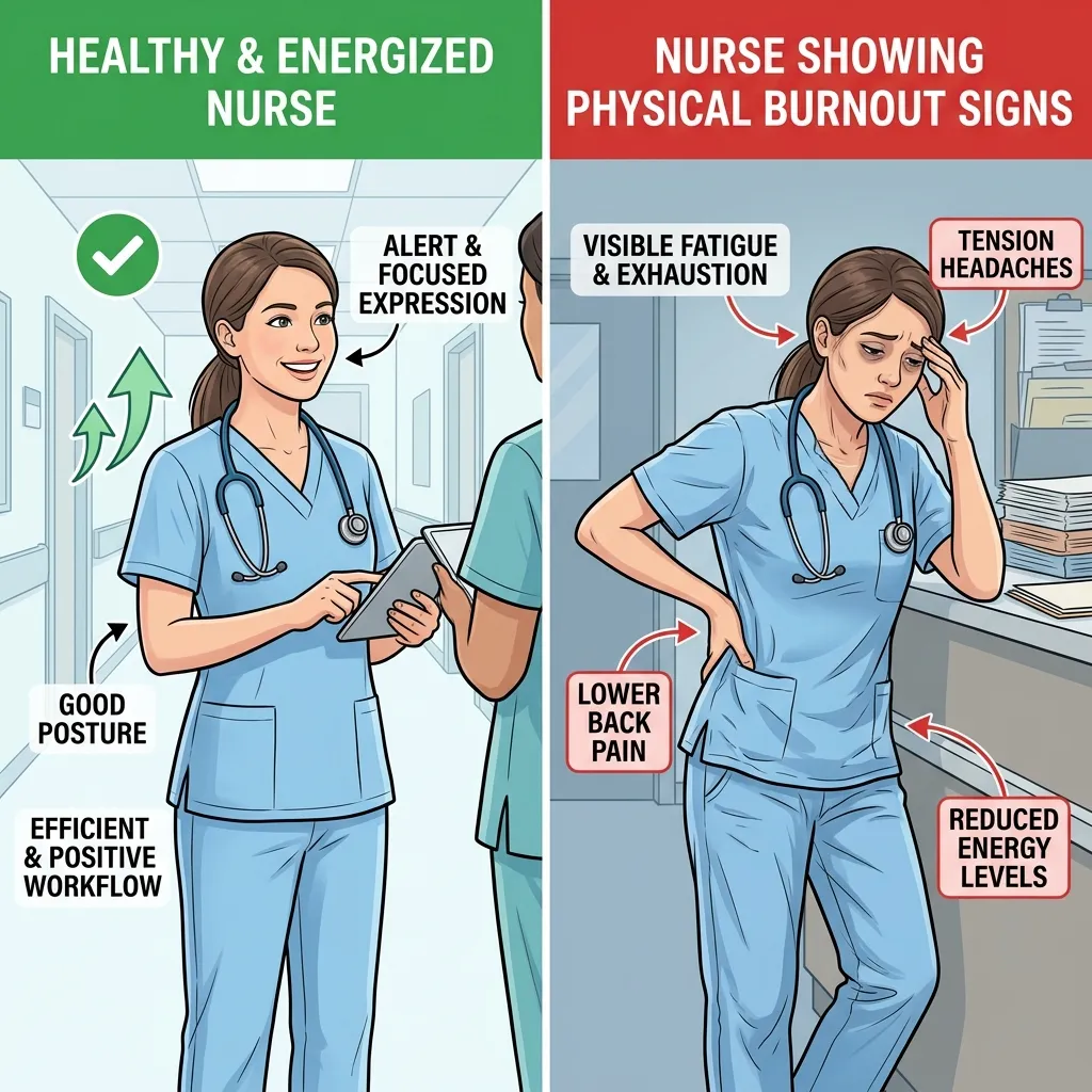 Illustration comparing physical health effects of chronic stress on nurses including headaches, back pain, and hypertension