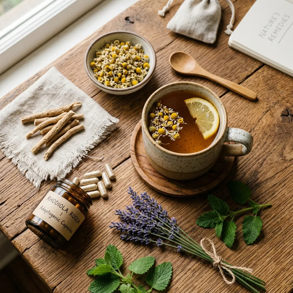 Adaptogenic herbs including ashwagandha, rhodiola, chamomile, and lavender for natural stress relief