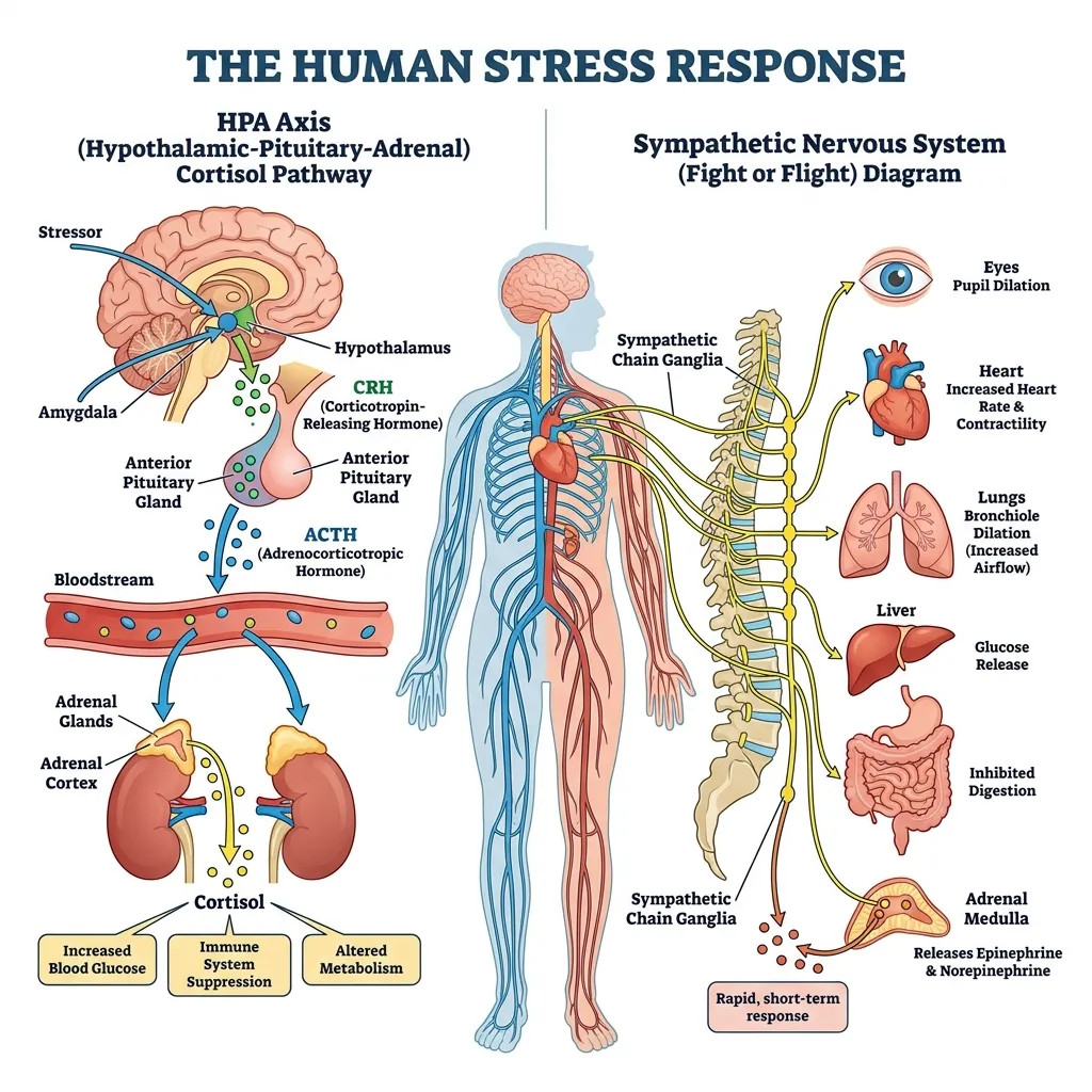 Medical diagram illustrating how chronic stress activates the cortisol response in nurses