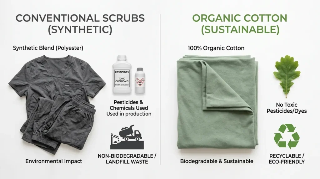 Infographic showing the environmental impact of conventional scrub fabrics versus sustainable alternatives