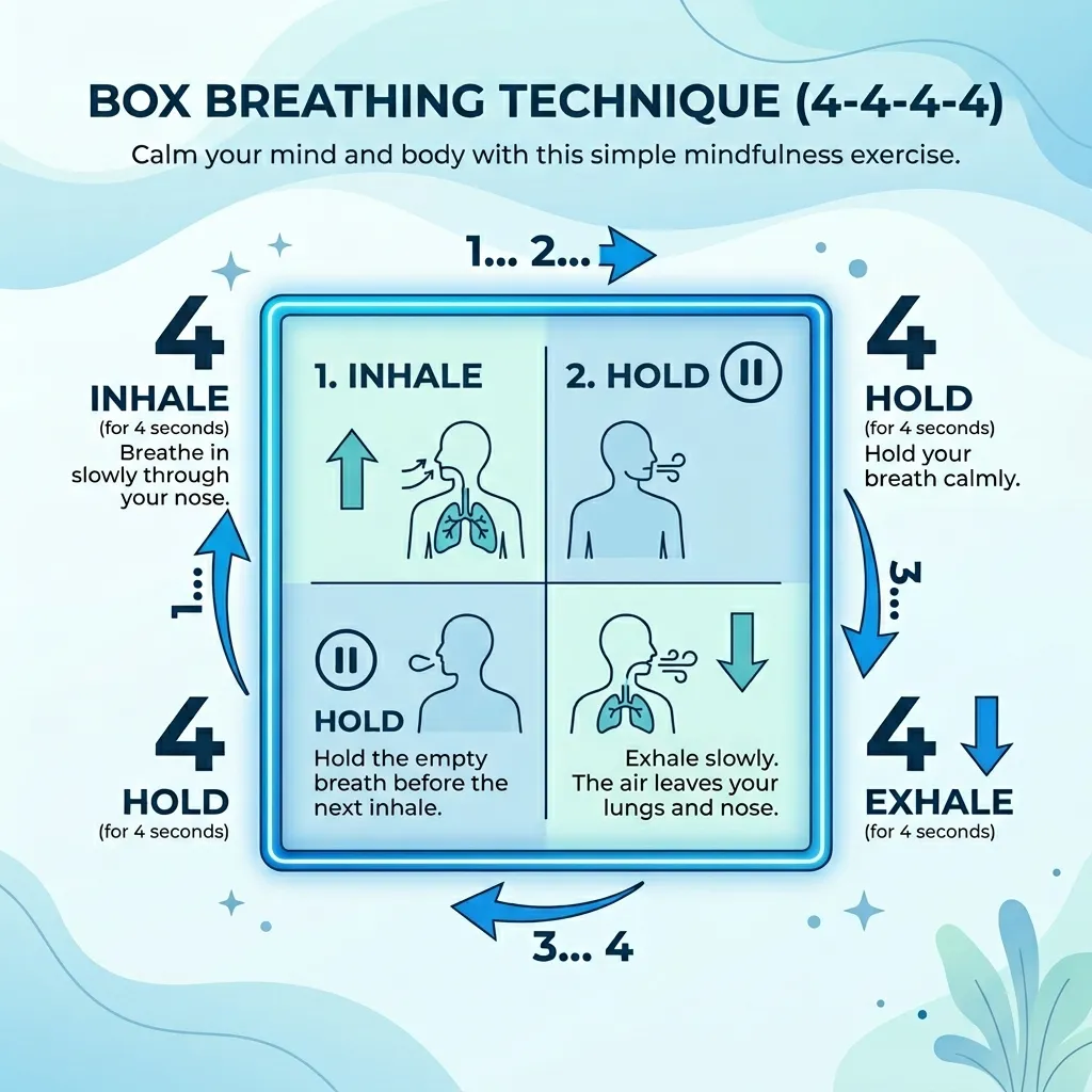 Box breathing technique infographic showing the 4-4-4-4 inhale-hold-exhale-hold pattern for stress relief