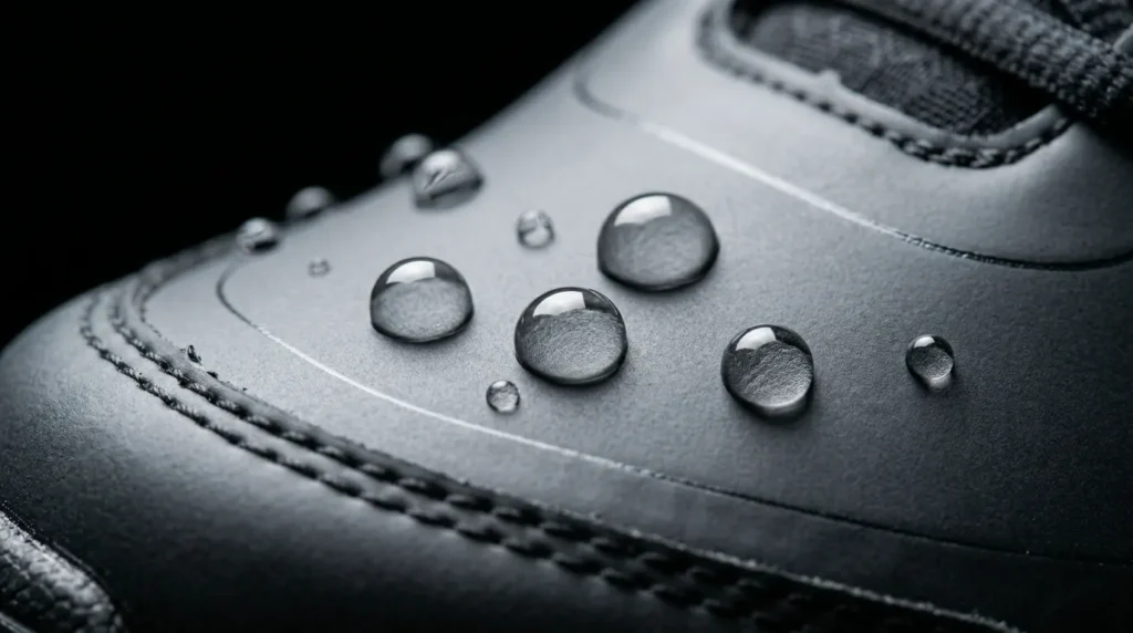 Macro photo of water droplets beading on a waterproof shoe surface demonstrating hydrophobic protection