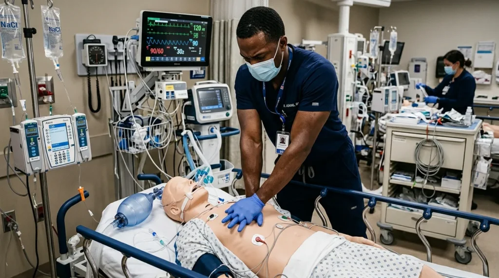 Male nurse in scrubs performing CPR chest compressions during a hospital emergency simulation