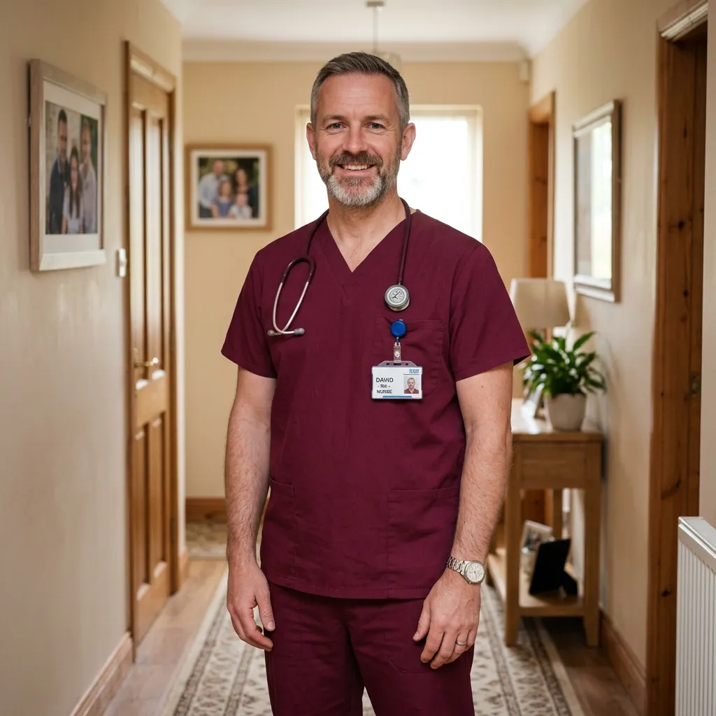 experienced home health nurse in professional burgundy scrubs with stethoscope demonstrating polished community nursing attire