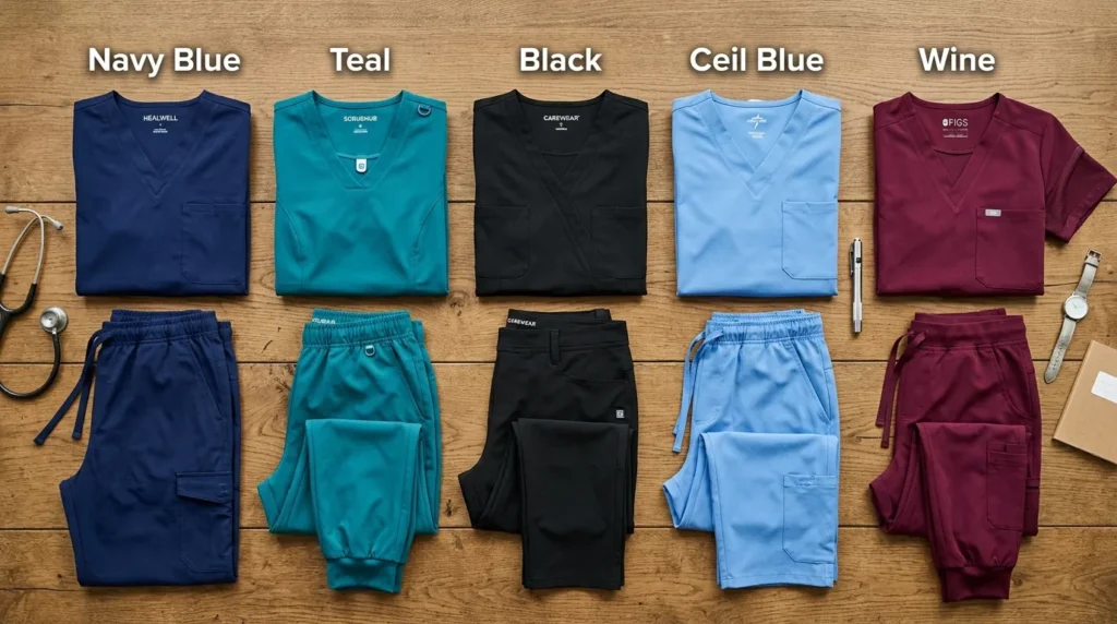 Multiple scrub sets in different colors arranged side by side for comparison
